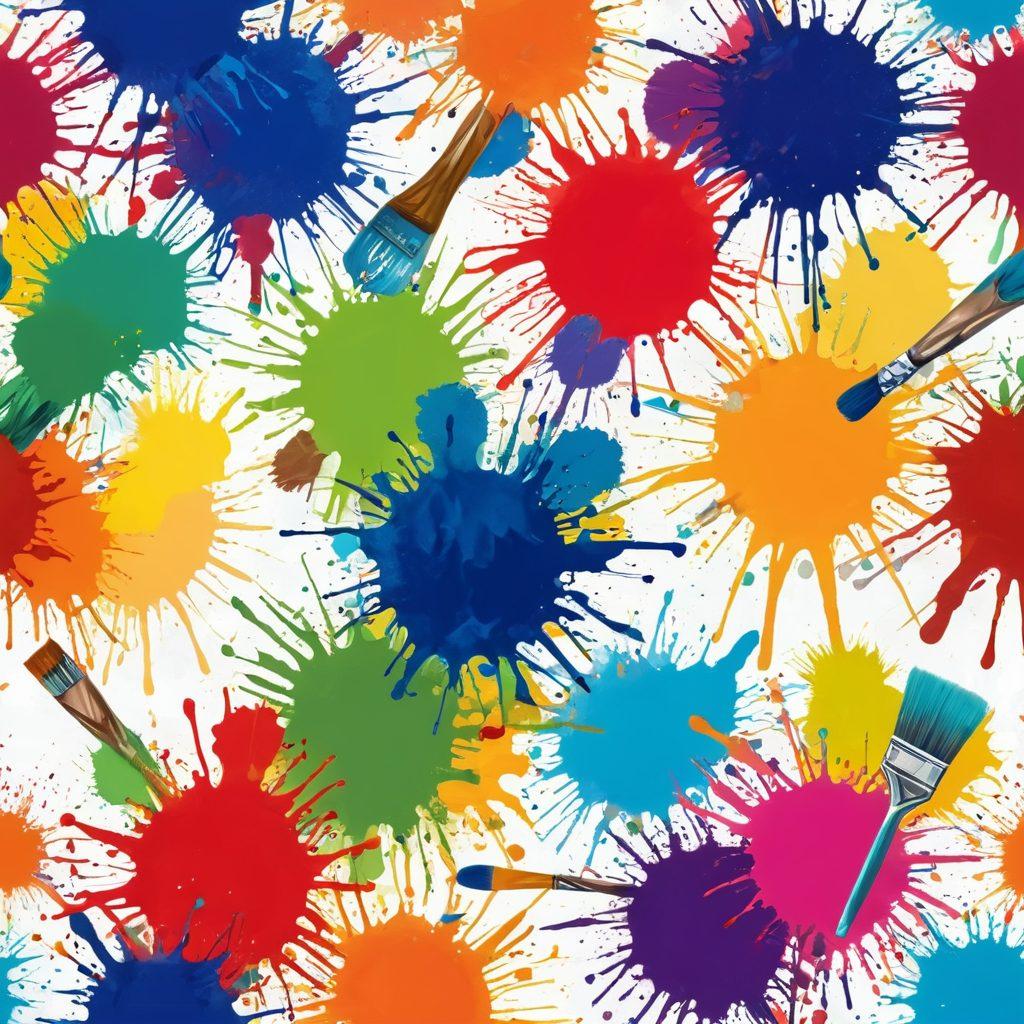 A whimsical collage of vibrant paint splashes and playful brush strokes, showcasing various artistic tools like brushes and palettes scattered around. The background should hint at intimate spaces, like a cozy studio filled with soft light and textures. Include joyful characters immersed in the creative process, their expressions filled with excitement. Emphasize a fusion of colors that evoke emotion and creativity. vibrant colors. super-realistic.