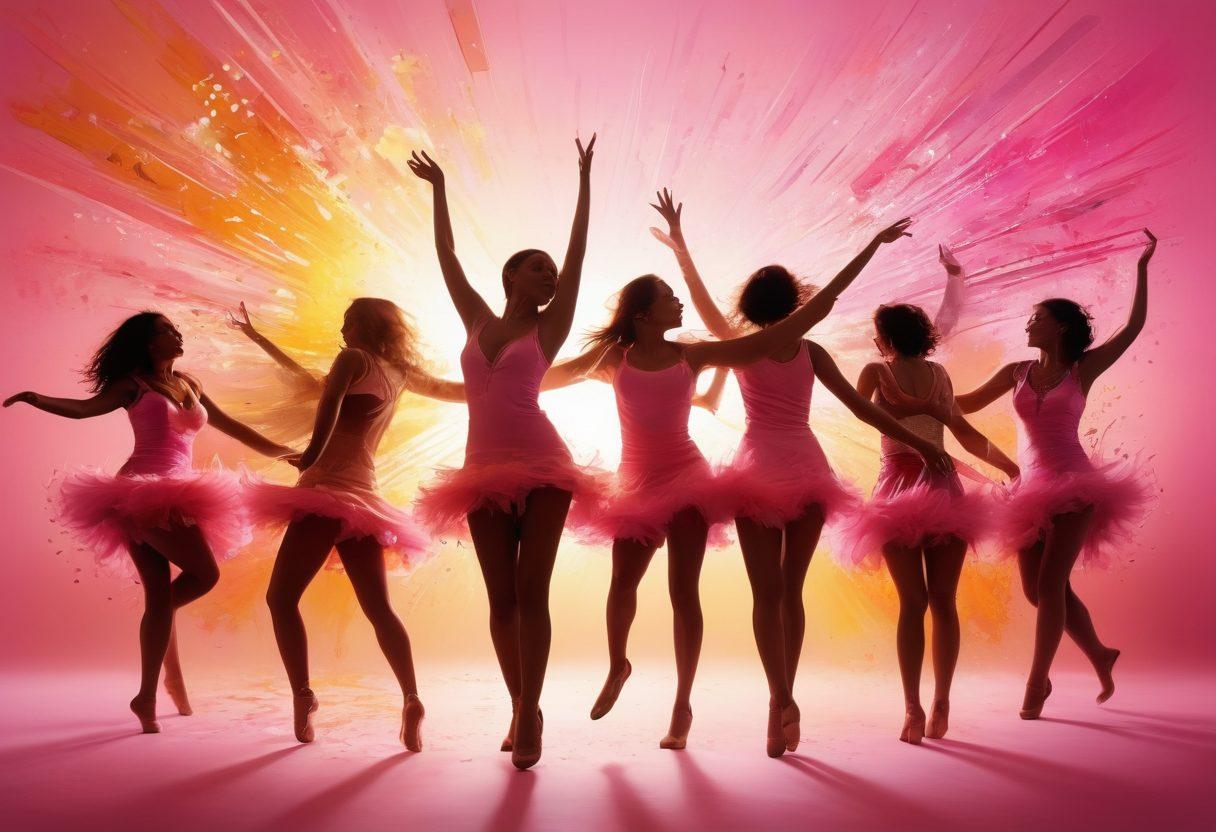 A vibrant and abstract representation of joyous expression in adult entertainment, featuring colorful bursts of playful designs, such as expressive faces and artistic elements that symbolize pleasure. Include a balance of elegance and spontaneity, with silhouettes of dancers and artists celebrating creativity. The background should evoke a sense of warmth and happiness, using soft gradients of pink and gold. super-realistic. vibrant colors. dreamy atmosphere.