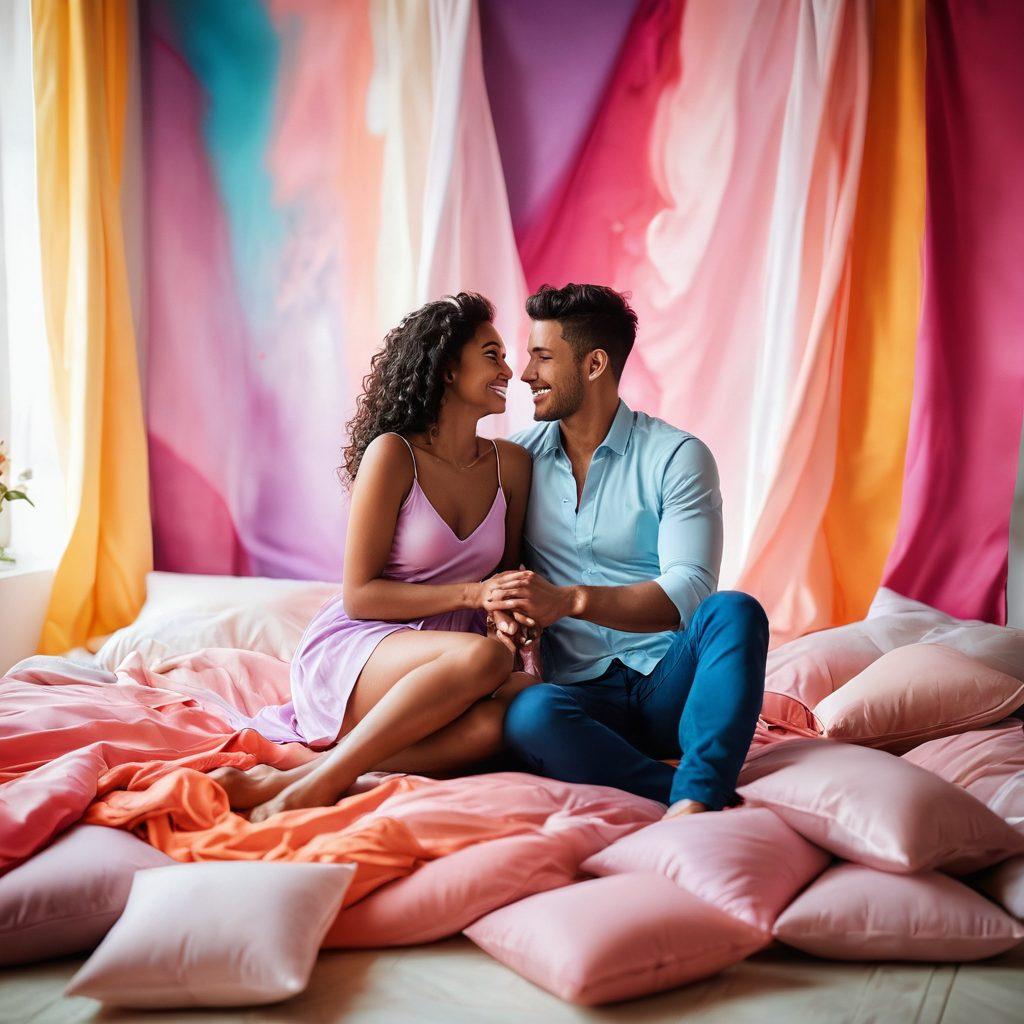 A vibrant scene capturing a joyful couple playfully interacting in a colorful, softly lit room filled with warm tones. The couple is expressing happiness through playful poses, laughter, and flirtatious glances, surrounded by elements like flowing fabric and soft pillows that evoke sensuality. Flashes of light add a magical quality to the atmosphere, making it feel inviting and energetic. The background includes abstract shapes and pastel colors to enhance the feeling of joy and sensuality. super-realistic. vibrant colors. soft focus.